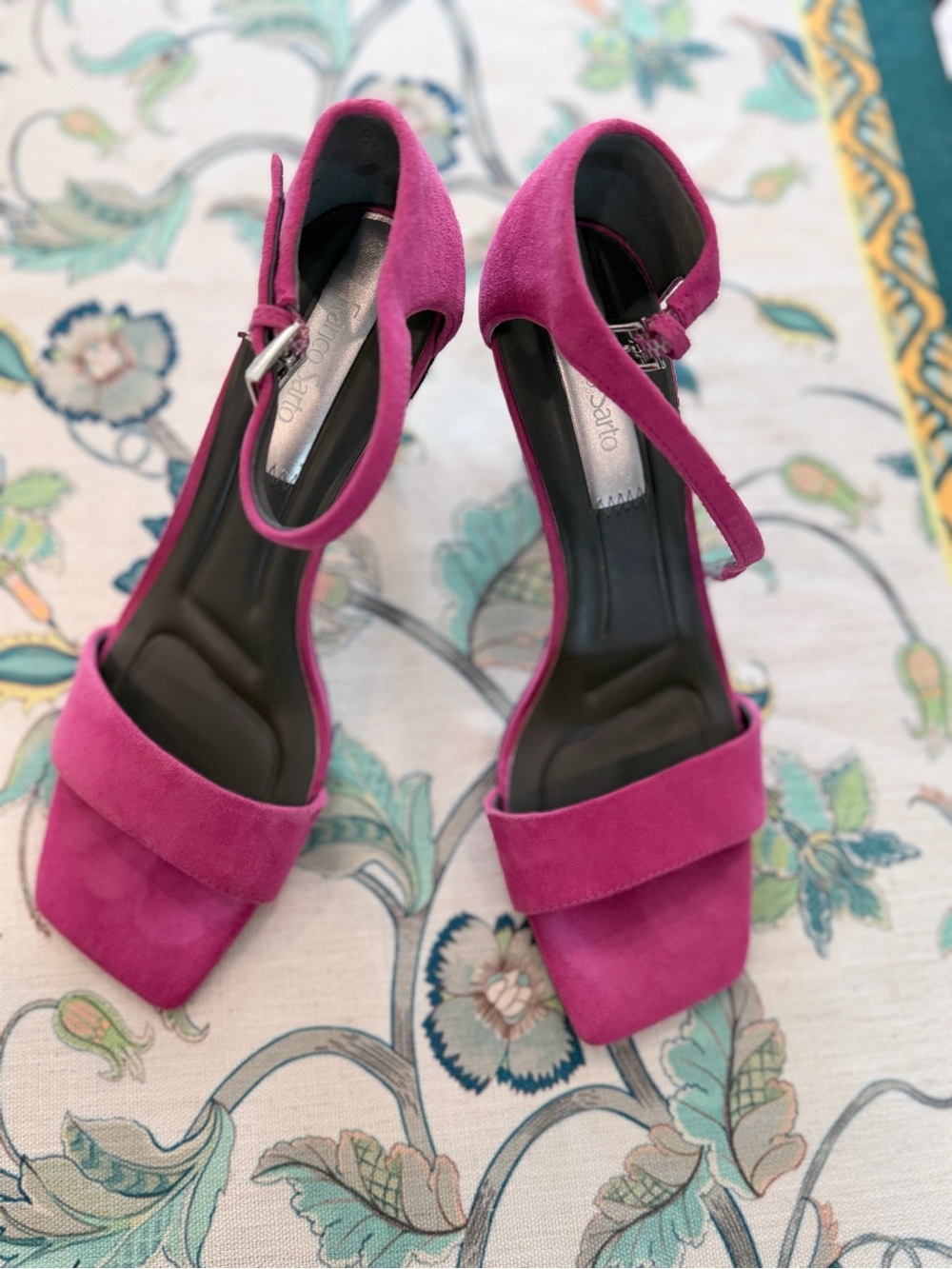 Fuchsia Suede Ankle-Strap Block Heel Sandals